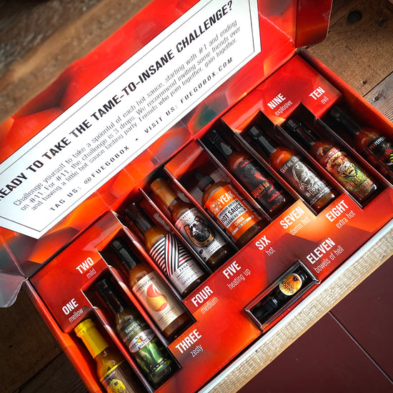 Fuego Box Hot Sauce, Tame to Insane Challenge, 11 Sauces